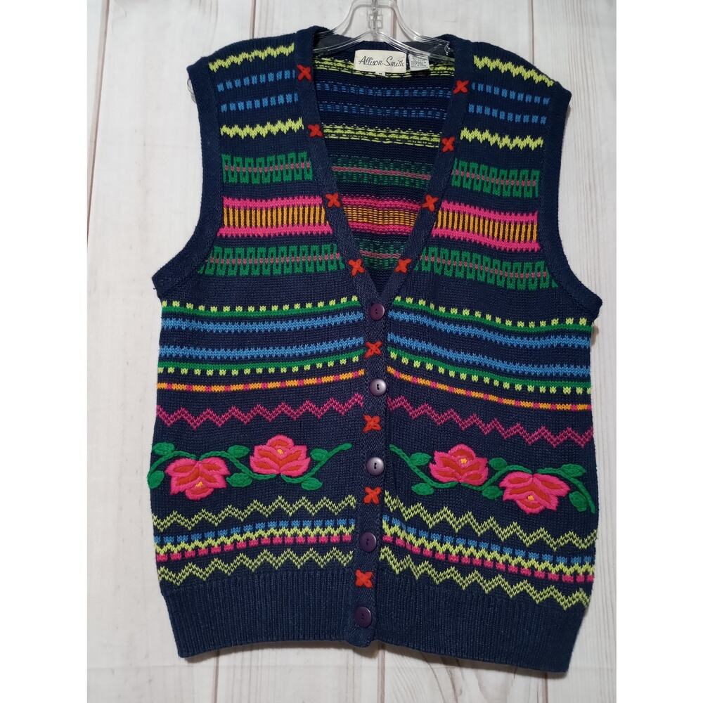 Allison Smith Sweater‎ Vest Womens Medium Navy Multicolor Knit Floral Retro Boho